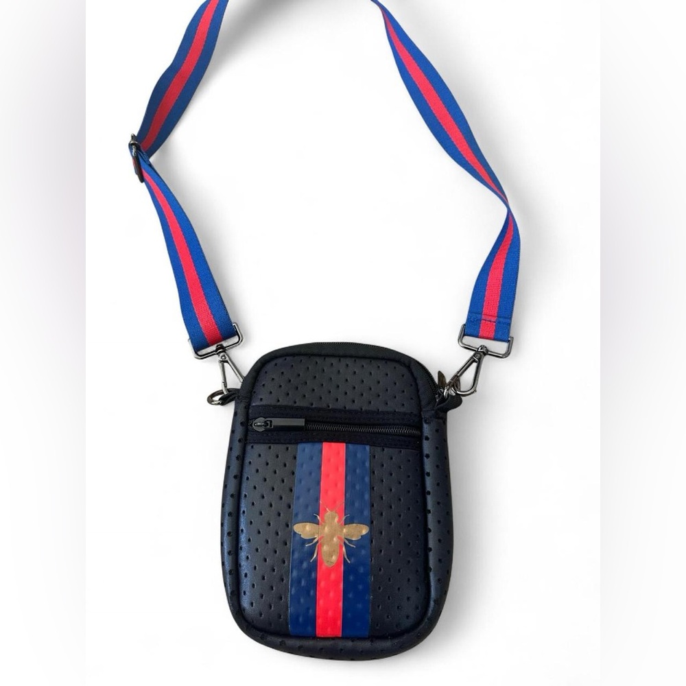 Parker & Hyde Queen Bee Crossbody Bag – Navy Perforated w/ Stripe Strap